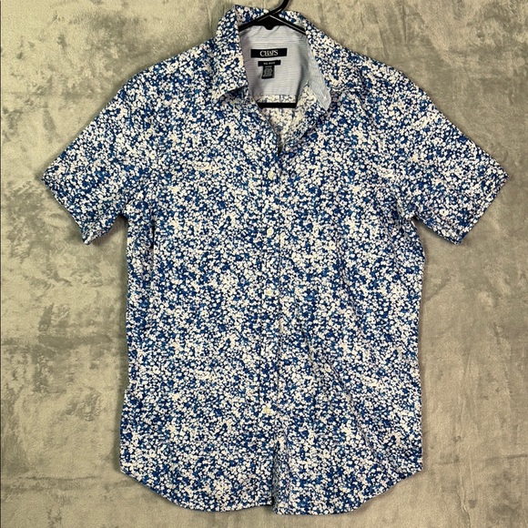 Chaps Blue White Floral Short Sleeve Collared Button Up Shirt Top Size Small - Picture 1 of 8